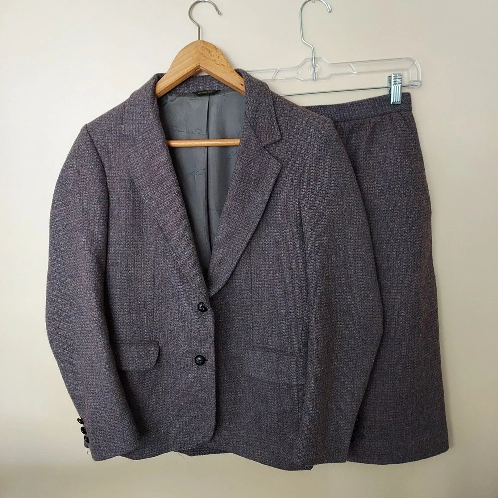 Oscar de la Renta Rayna Wool‎ Tweed Suit Jacket Blazer Pencil Skirt Set Gray 7/8